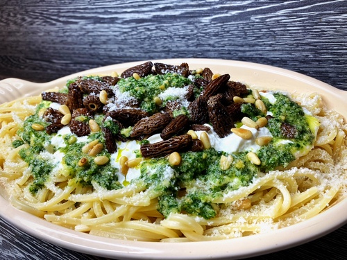 Spaghetti mit frischem Bärlauchpesto und Spitzmorcheln; Foto Stefan 17.2.24