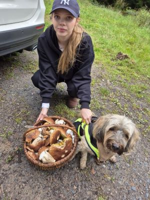 Charlotte und Vierbeiner Amy mit Pilzkorb; Foto Jörn 27.9.24